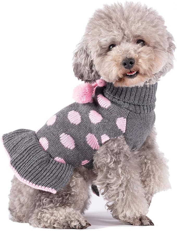 kyeese Dog Sweater Dress Turtleneck Polka Dot Dog Sweaters Knitwear Warm Pet Sweater with Pom Pom... | Amazon (US)