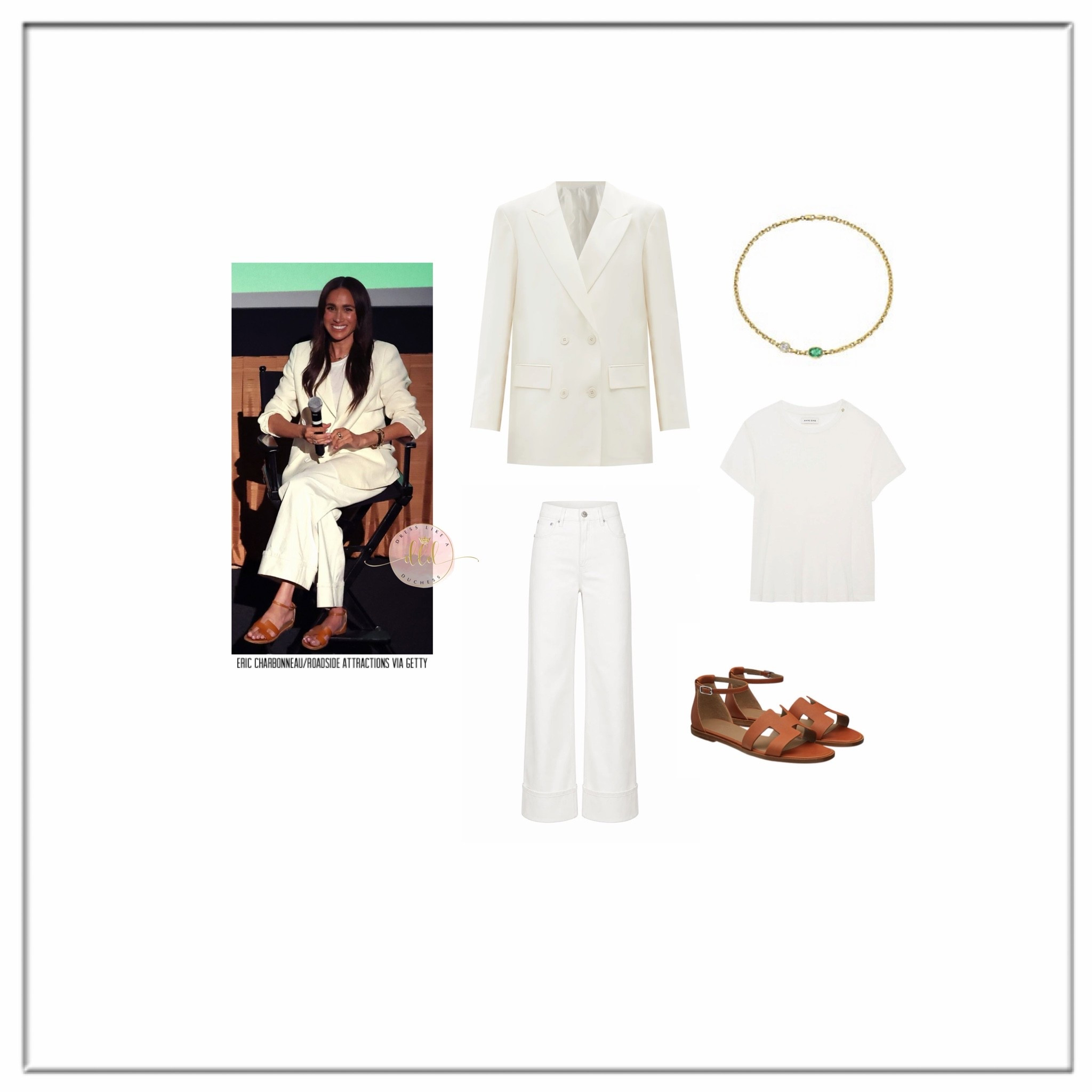 6/28/26 Meghan Markle at the Cookie Queens premiere in Los Angeles in Tracy James Upper Village jeans (not linkable) and Akris linen jacket + Oura Smart Ring 4 in gold + Logan Hollowell Aura sleeve