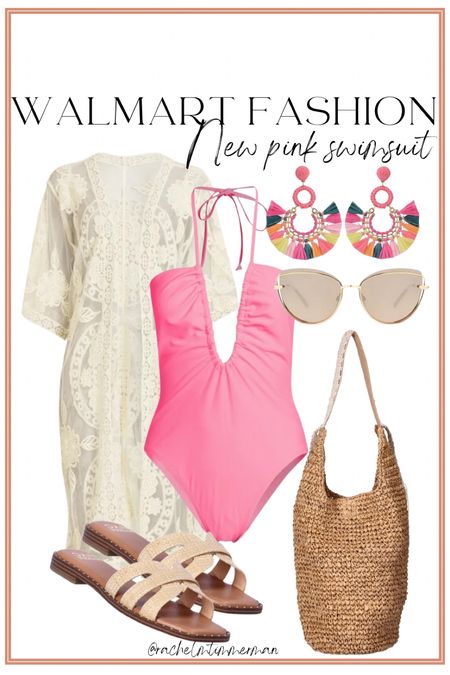 How cute is this new Walmart fashion pink swimsuit? 😍 my favorite shade of pink. I love the style and ruched front detail. The whole look is Walmart! I have the kimono, sunglasses, bag, and sandals, and I absolutely love them! These earrings are new as well.

Walmart fashion. Walmart finds. LTK under 50. Swim style. Pink swimsuit. 