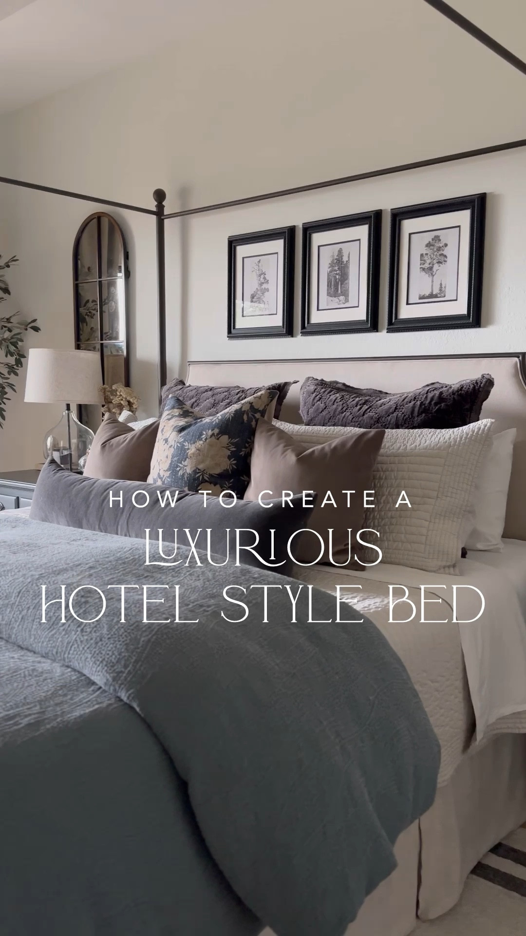 Luxury hotel style bed details! These fabrics are incredible! The quilt and duvet are a Tencel fabric which is both buttery soft and cooling! All colors and details below ⬇️ 

Duvet Cover: Stormy Blue
Duvet Insert: Ultra Plush
Sheets: I have both linked and LOVE. Worth every penny, best sheets ever.
Quilt: Frost Gray
Euro Shams: Gray
Throw Pillows: Taupe, 18”x18"
Lumbar Pillow: Slate, 12”x46"