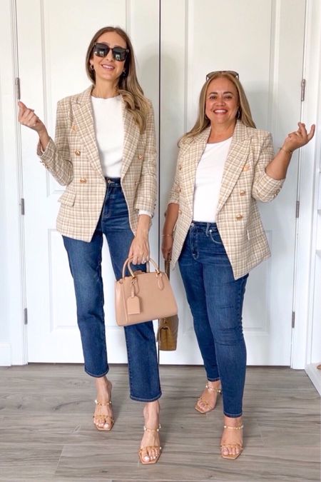 Make your Statement with this affordable blazer featuring peaked lapels, long sleeves, a fitted waist, side flap pockets, and gold-tone embossed buttons. 
I'm wearing jeans from Good American, Aline Express, sandals from Amazon the Drop, and my bag for Tory Burch.




#LTKcurves #LTKunder50 #LTKworkwear
