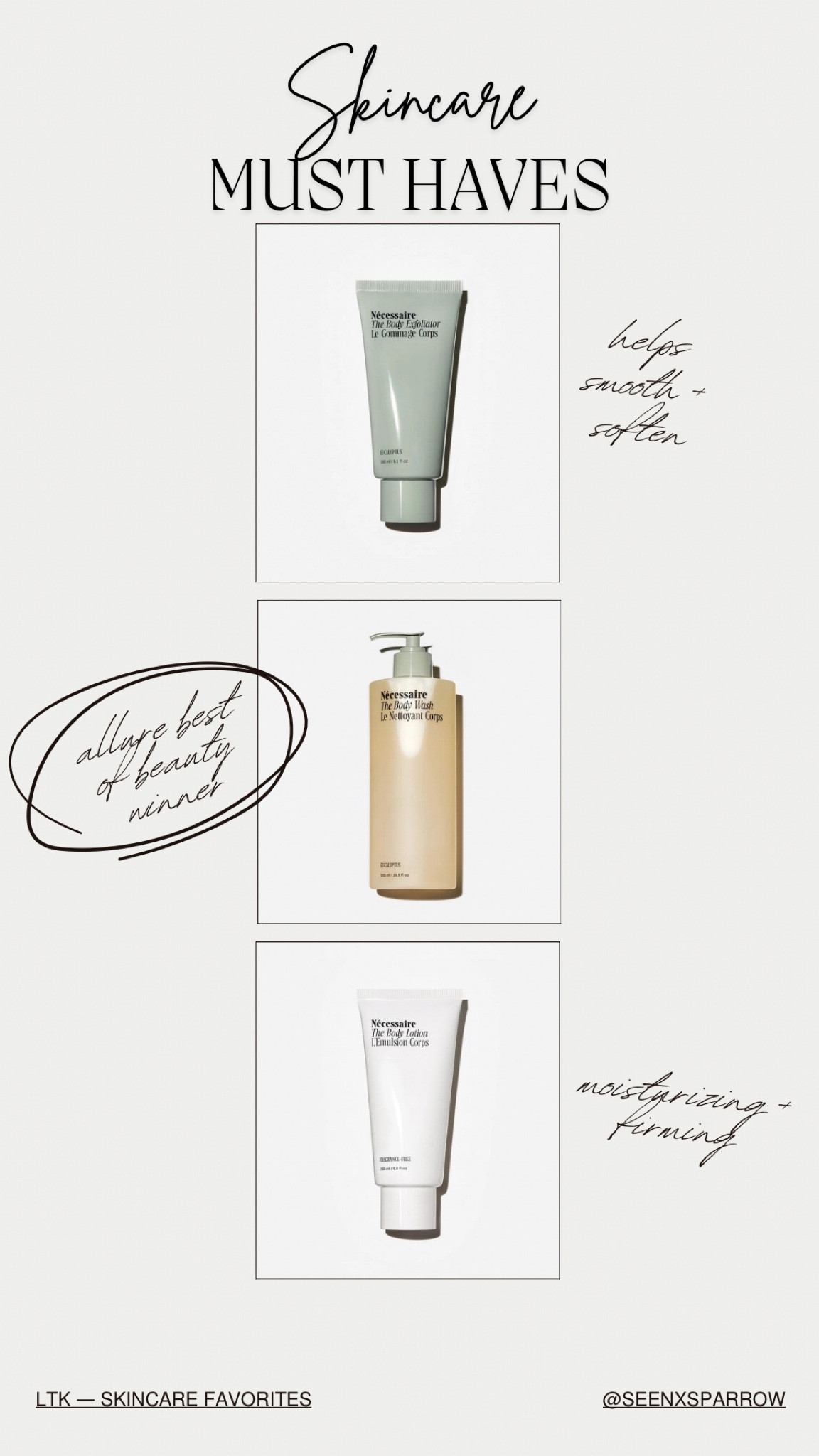 Your skincare routine needs these must-haves from Nécessaire: The Body Exfoliator for smooth, soft skin, the award-winning Body Wash + the hydrating Body Lotion for firming + moisturizing. Essentials for radiant skin.

#LTKBeauty #LTKFindsUnder50 #LTKFindsUnder100