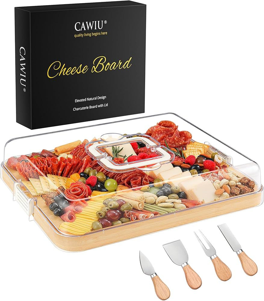 Portable Travel Charcuterie Board with Lid and Handle - Large Bamboo Cheese Board with 4 Cheese K... | Amazon (US)
