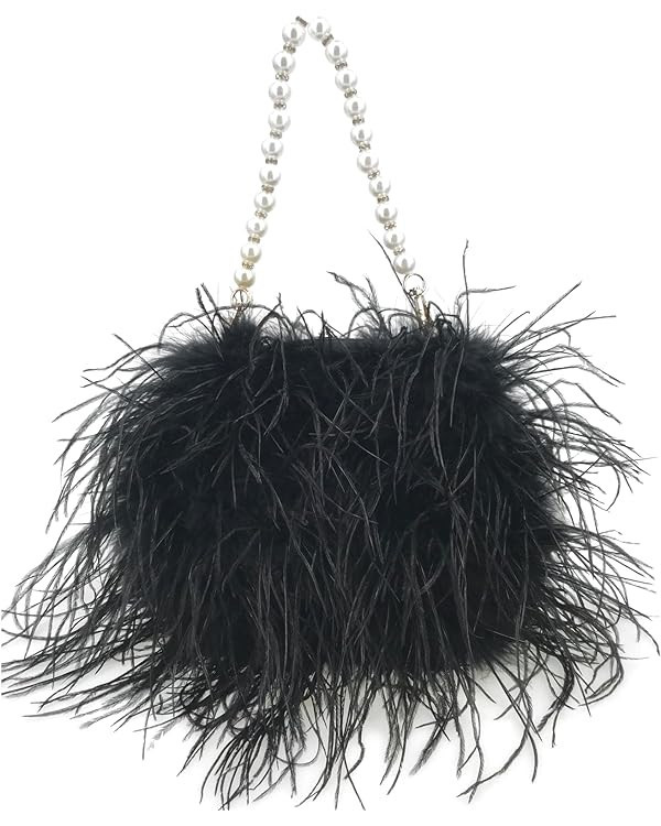 LVCOMEFF Women Ostrich Feather Purse Handbag Clutch with Pearl Chain for Party Luxurious | Amazon (US)