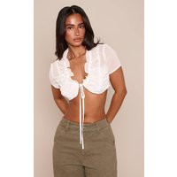 Petite White Ruched Tie Front Cropped Chiffon Top | PrettyLittleThing UK