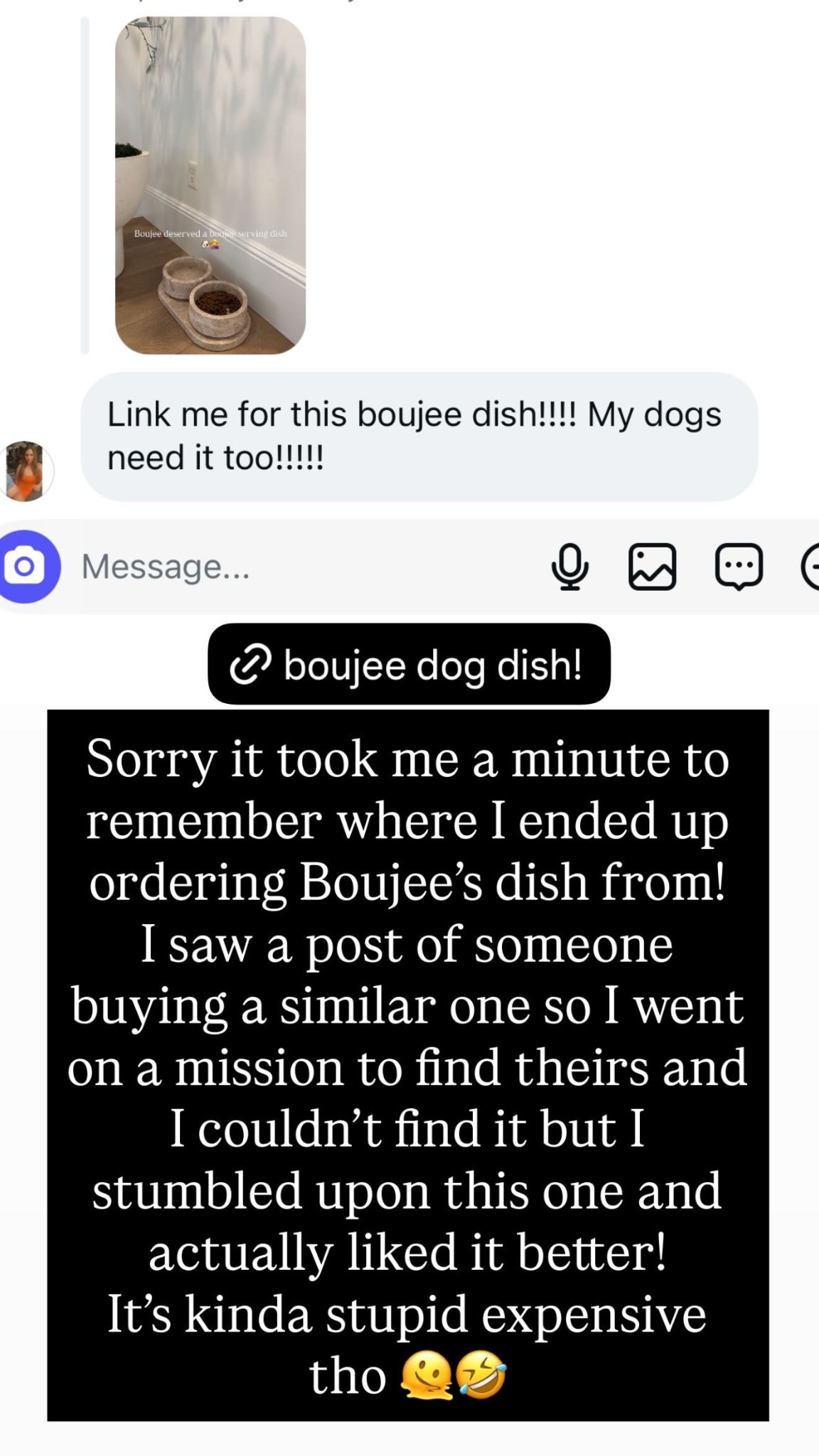 Sorry it took me a minute to remember where I ended up ordering Boujee’s dish from! 
I saw a post of someone buying a similar one so I went on a mission to find theirs and I couldn’t find it but I stumbled upon this one and actually liked it better! 
It’s kinda stupid expensive tho 🫠🤣