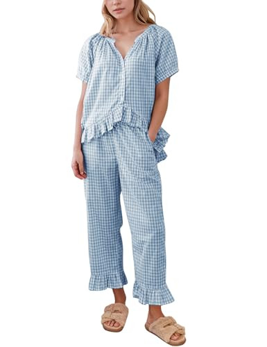 Flygo Womens Plaid 2 Piece Pajamas Sets Gingham Button Down Puff Sleeve Babydoll Shirt Ruffle Pan... | Amazon (US)
