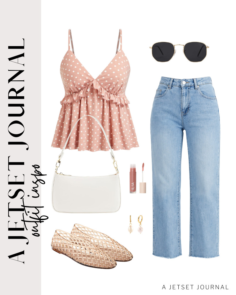 This peach-pink CIDER babydoll top and GRAPENT straight-leg jeans combo is a cute outfit. A pair of jelly ballet flats and this shoulder bag complement this look. You can add these SOJOS polarized sunglasses to style the fit.

#LTKSeasonal #LTKSaleAlert #LTKTravel
 

 