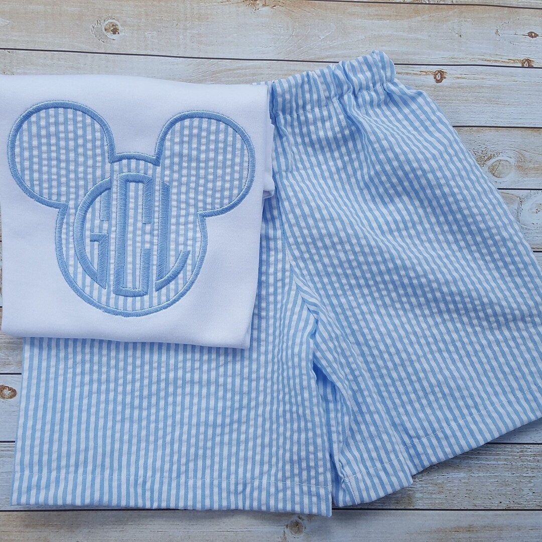 Magical Mouse Ears Boy Outfit, Monogram Seersucker shorts shirt set, Matching Sibling Shirt, Magi... | Etsy (US)
