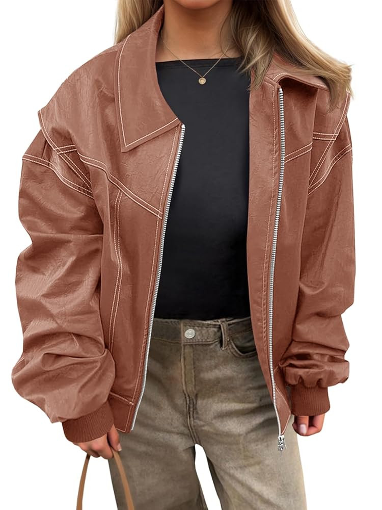 Tankaneo Womens Oversized Leather Bomber Jackets Cap Sleeve Zip Up Motorcycle Coats with Pockets | Amazon (US)