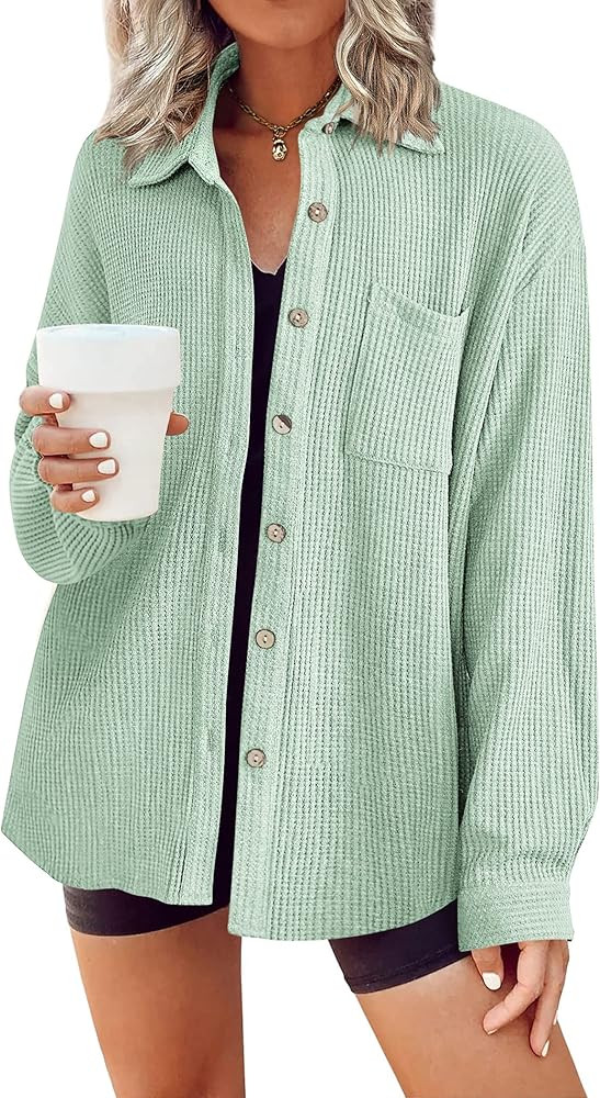 Hotouch Women Waffle Button Down Shirt Casual Long Sleeve Loose Fit Pink Button Blouse Shirt with Po | Amazon (US)