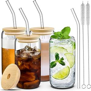 Dealusy 4 Set Glass Cups with Lids and Straws 16 oz, Glasses Drinking Set, Iced Coffee Cup with B... | Amazon (US)