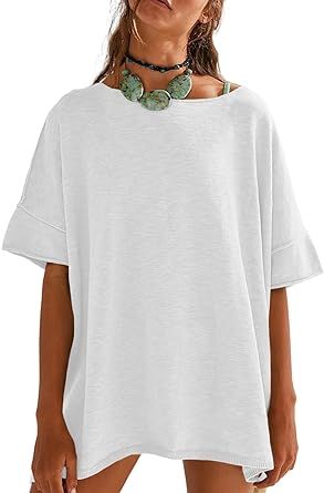 Tankaneo Women's Oversized T Shirts Casual Summer Crew Neck Loose Dropped Short Sleeve Side Slit ... | Amazon (US)