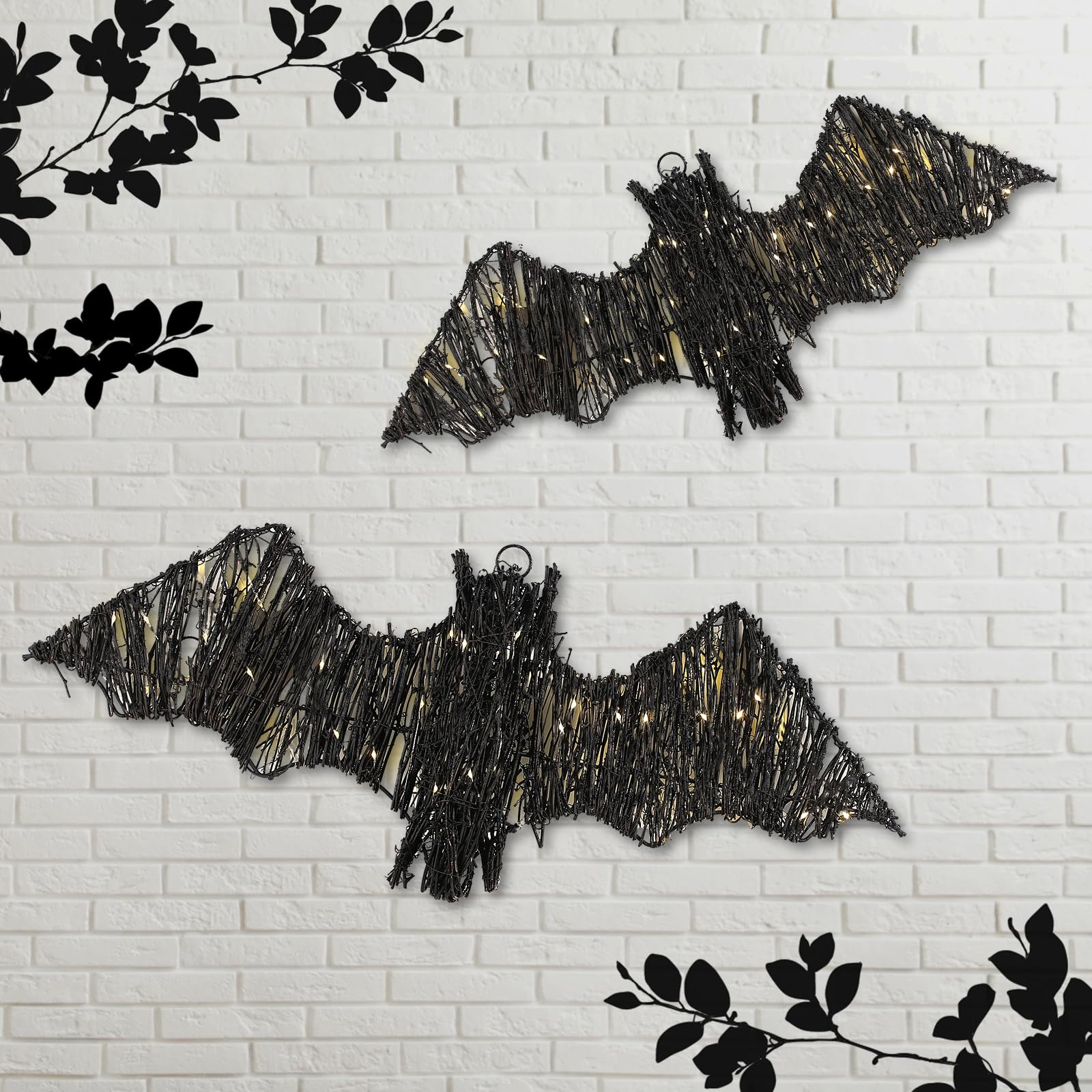 2 Pack Rattan Bats with Hanging Loops Halloween Lights 3D Lit Woven Bats with Timer Remote for Ru... | Amazon (US)