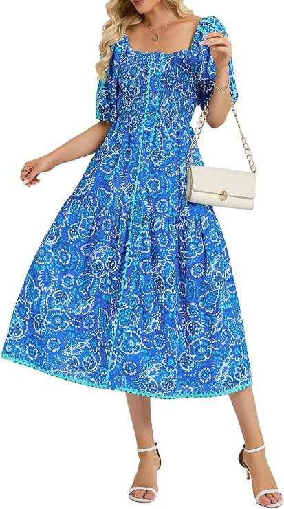 EZAPINE Women's 2026 Summer Boho Floral Print Dress Square Neck Ruffle Swing Beach Vacation Long ... | Amazon (US)