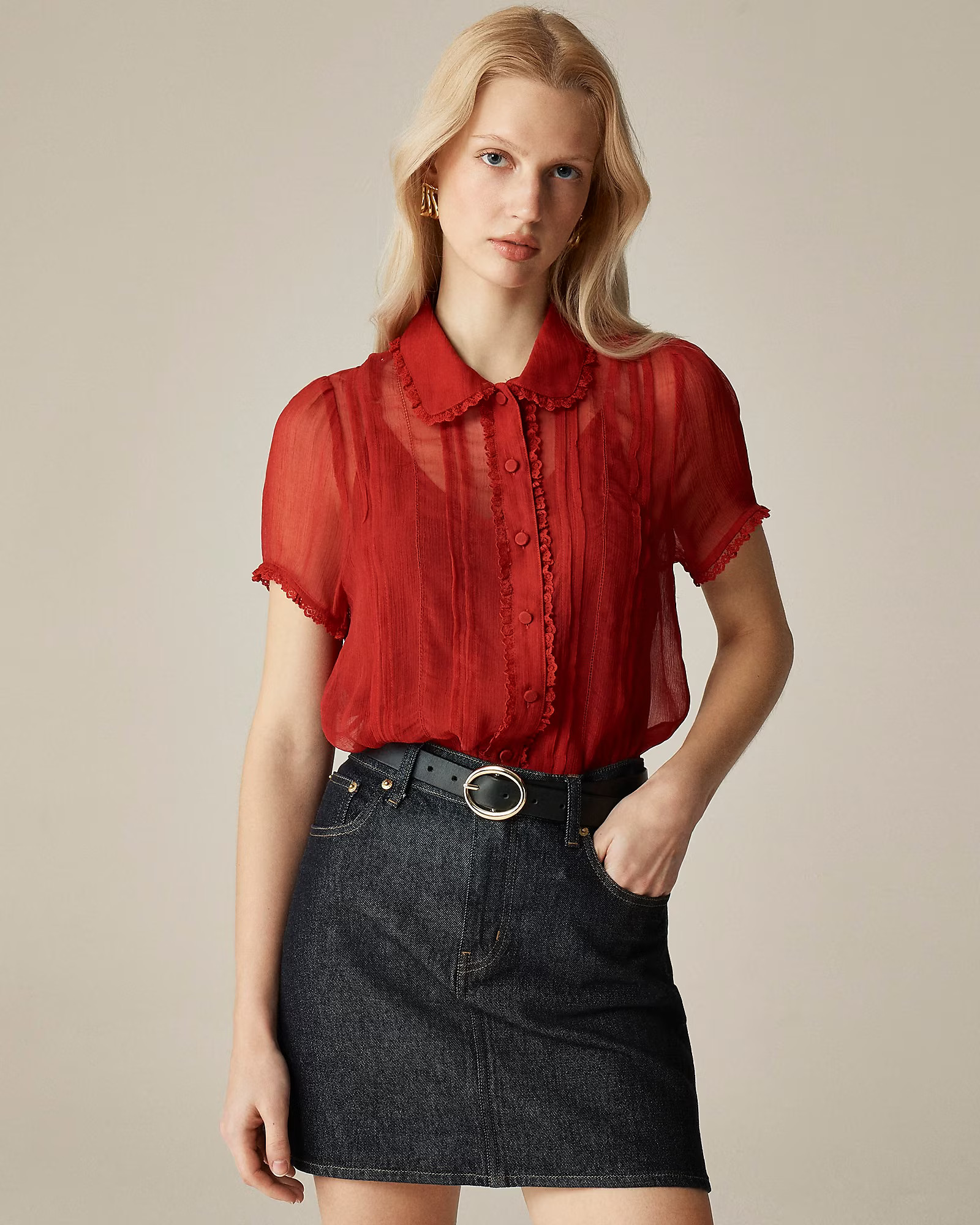 Sheer lace-trim button-up shirt | J. Crew US