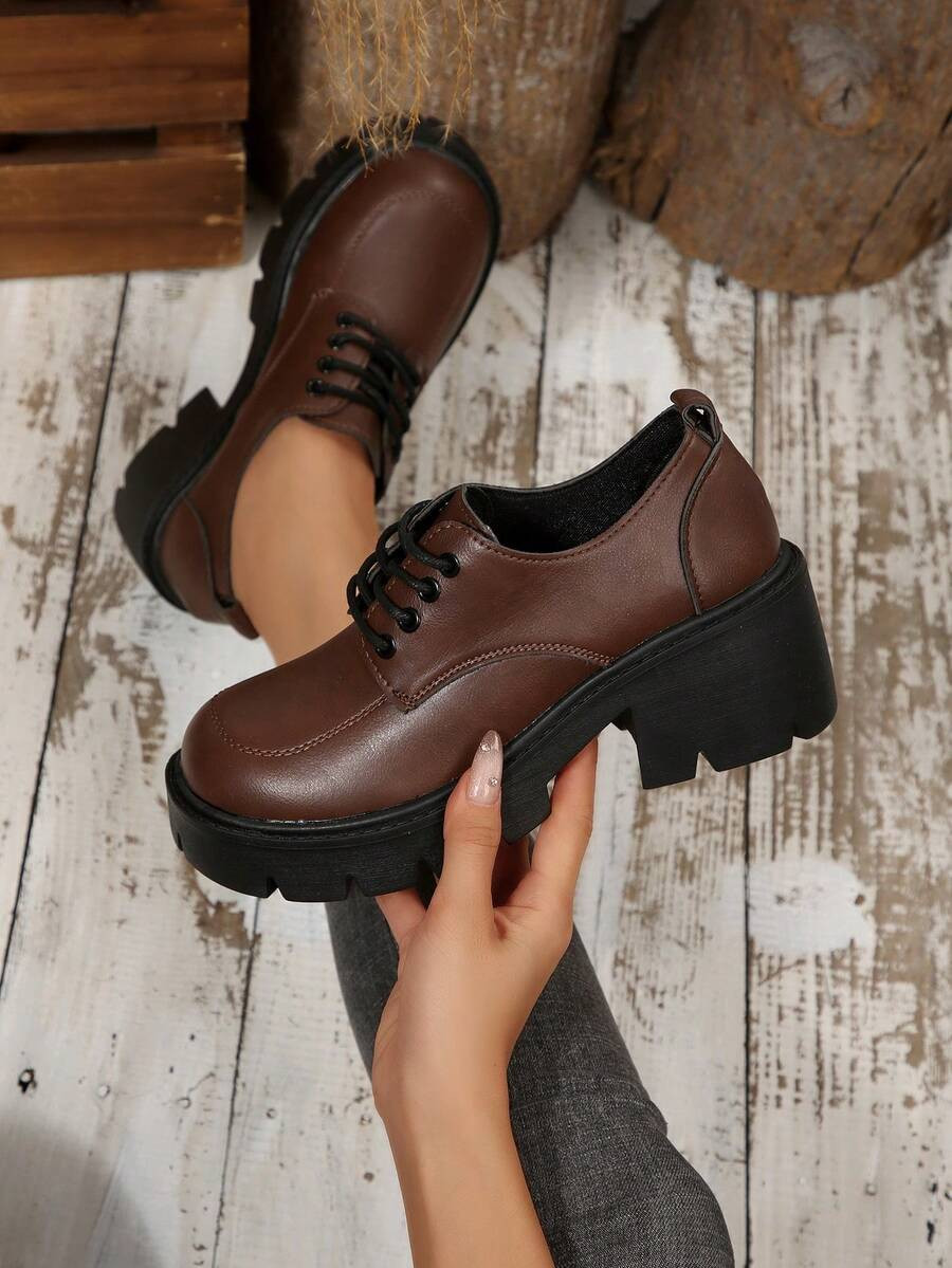 Foot Flair Women's Retro Brown Lace-Up Oxford Shoes, Vintage British Style High Heel Round Toe Pl... | SHEIN
