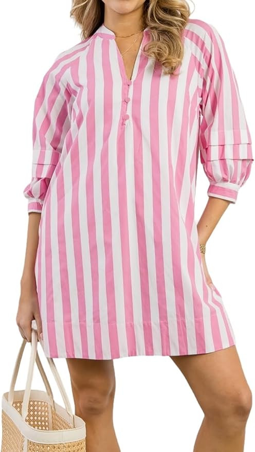 Womens Striped Mini Dress V Neck Casual Summer 3/4 Lantern Sleeves Loose Beach Tunic Shift Dresse... | Amazon (US)