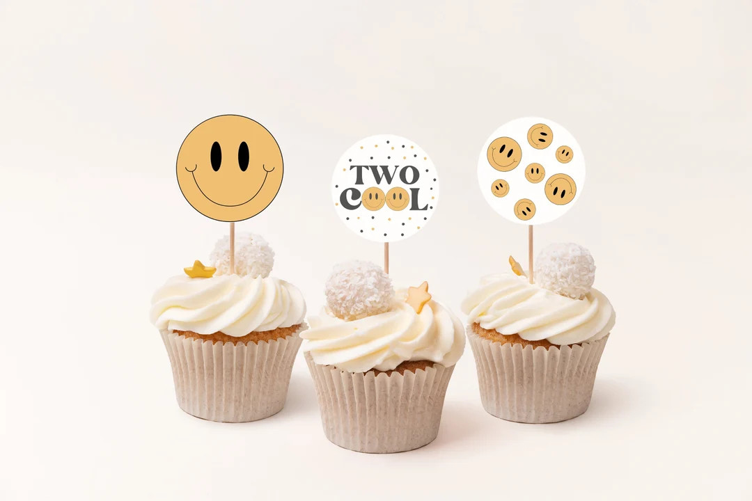 Smiley Face Cupcake Toppers Template, Two Cool Birthday Party Cupcake Toppers, Two Cool Birthday ... | Etsy (US)