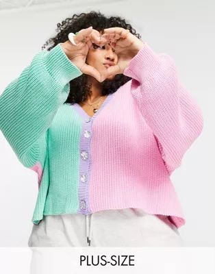 Daisy Street Plus relaxed boxy cardigan in colour block with gem buttons | ASOS (Global)