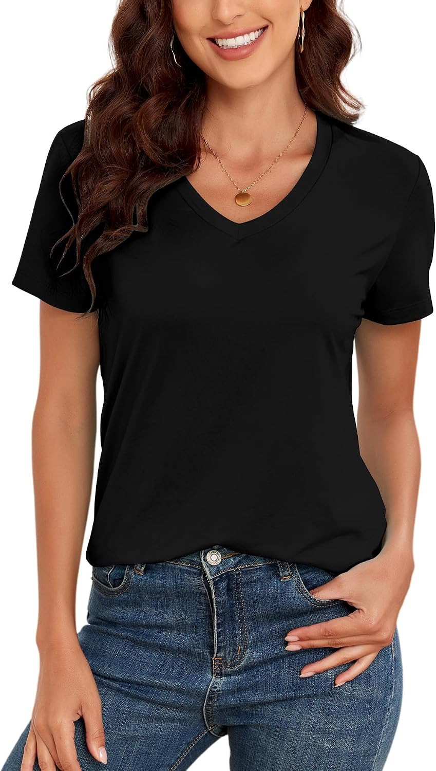 KevaMolly V Neck Basic T Shirts for Women UPF 50+ Short Sleeve 2026 Summer Trendy Tops Solid Casual Loose Fit Tee Shirt | Amazon (US)