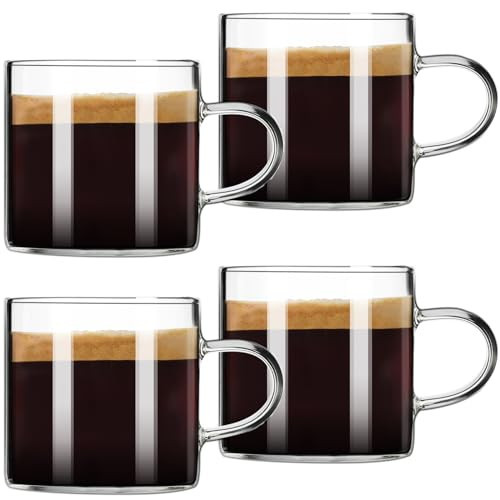 PARACITY Espresso Cups Set of 4, Insulated Espresso Accessories 4.3 OZ, High Borosilicate Espresso Shot Glass, Clear Glass Expresso Coffee Cup with Handle, Small Tea Cups | Amazon (US)