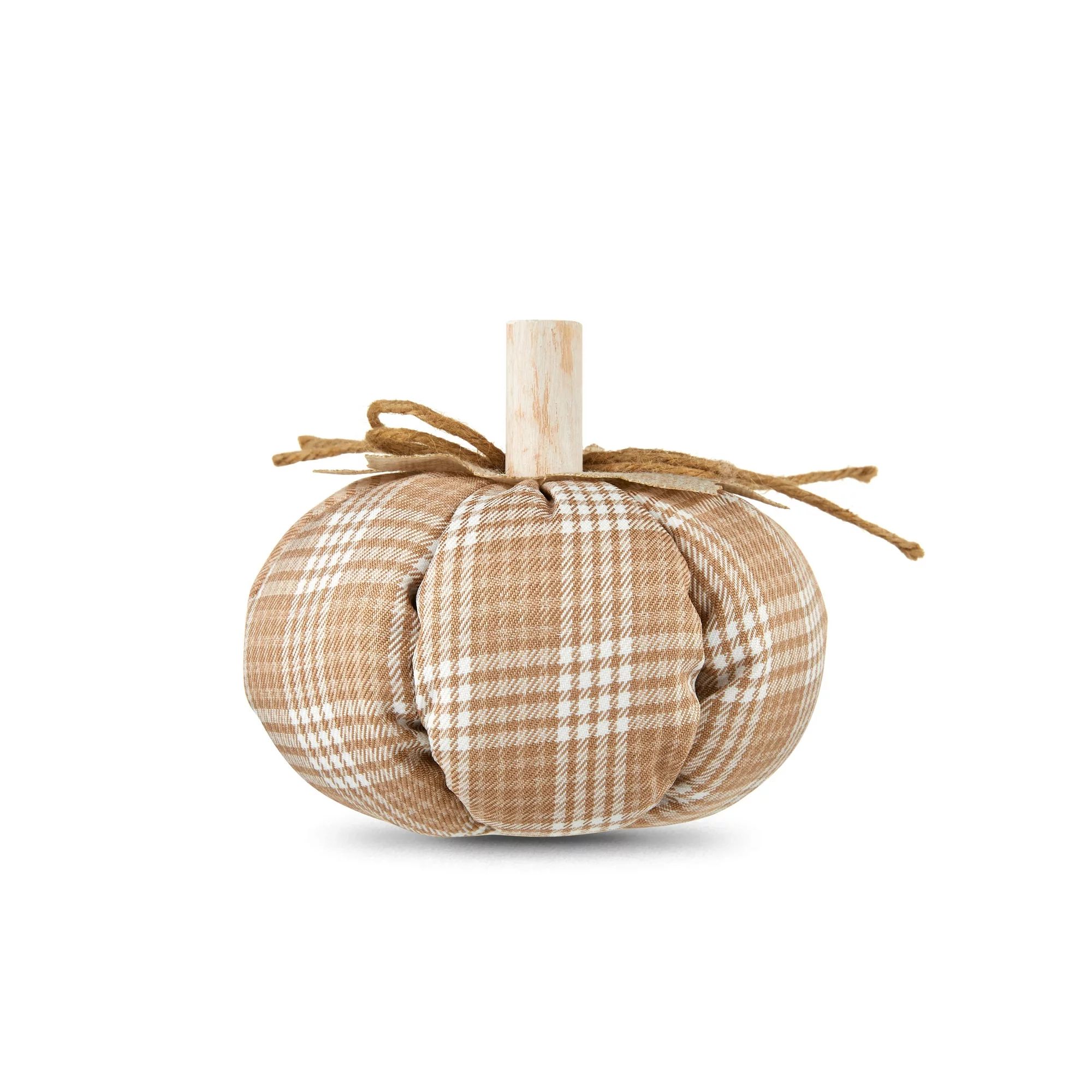 Fall, Harvest Small Fabric Pumpkin Decoration, Natural Plaid, 6", by Way To Celebrate | Walmart (US)