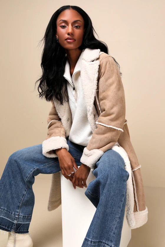 Warm Love Beige and Ivory Patchwork Shearling Coat | Lulus