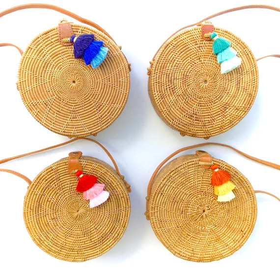 Bali Ata Round Rattan Bag // Circle Straw Crossbody Purse // Natural Star Pattern // Leather Strap / | Etsy (US)
