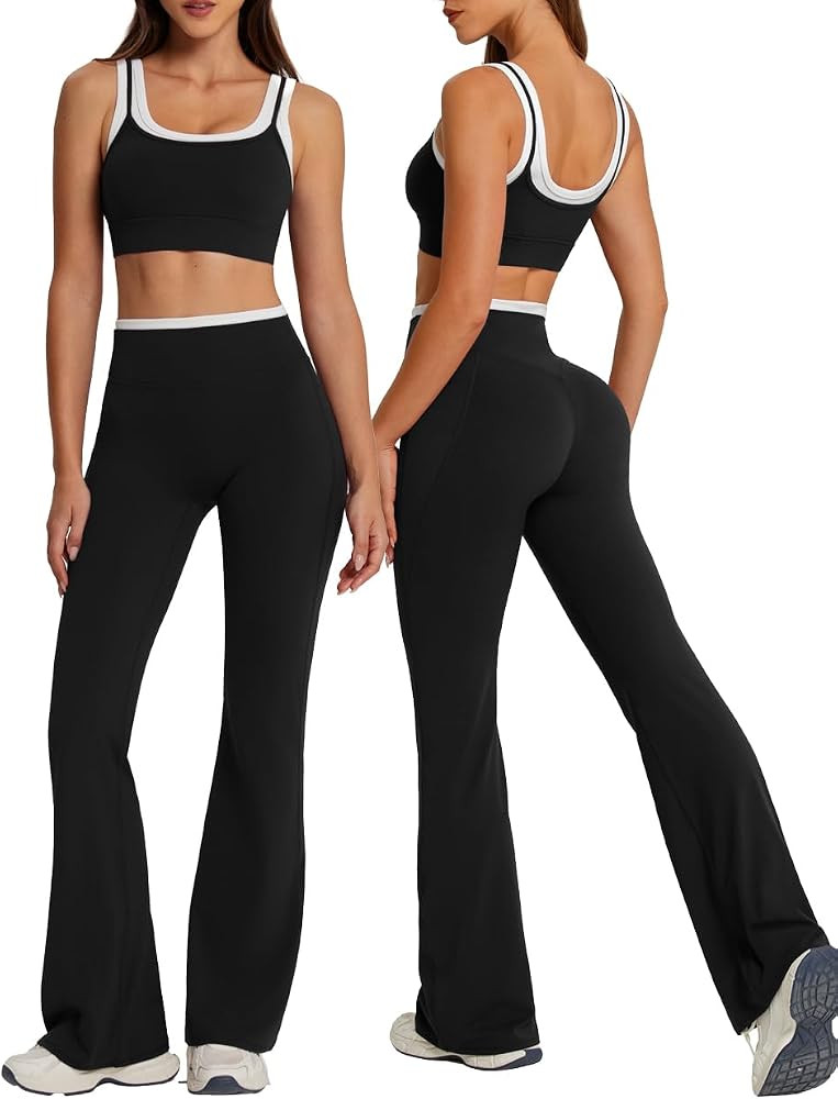 OMKAGI Layered Workout Sets for Women Flare Leggings U Back Pilates Outfits | Amazon (US)