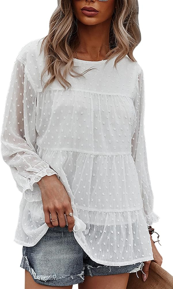 Angashion Women's Tops Casual Swiss Dot Cap Sleeve Ruffle Loose Babydoll Shirt Blouse Tunic Top | Amazon (US)