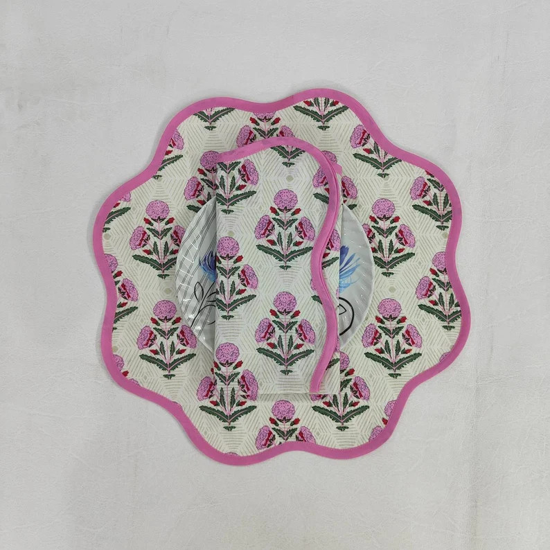 Round scalloped botanical Placemat, Block Print fabric table mat easy care,machine washable rusti... | Etsy (US)