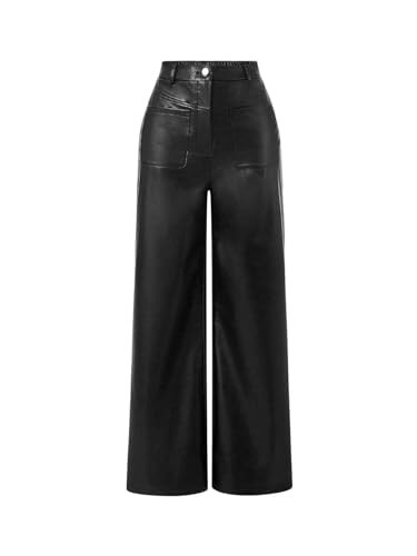 MakeMeChic Women's Leather Pants High Waist Wide Leg Pants Elastic Straight Party Trousers with Pockets Black Large | Amazon (US)