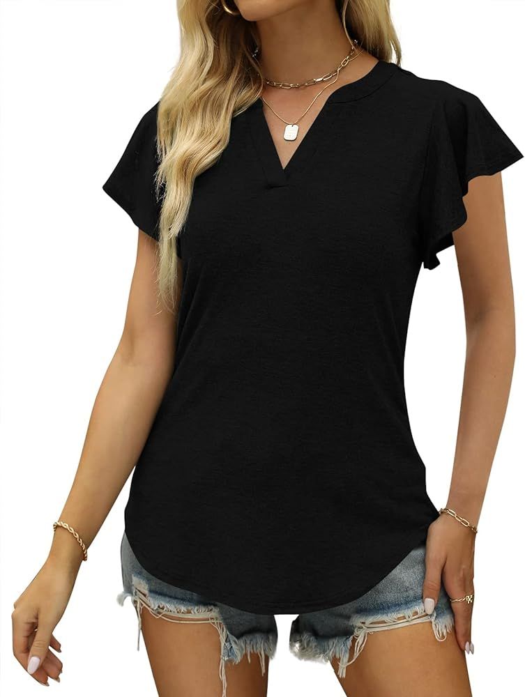 HAEOF Womens Ruffle Short Sleeve Tops Casual Summer V Neck T-Shirts Tunic Blouses | Amazon (US)