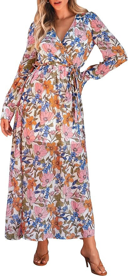 ANRABESS Women’s Long Sleeve Floral Maxi Dress Boho Flowy Wrap Slit V Neck Beach Fall Wedding G... | Amazon (US)