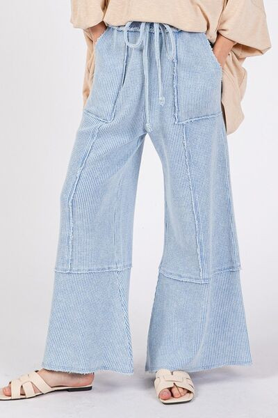 SAGE + FIG Waffle Textured Wide Leg Mineral Washed Pants Light Blue / S | Casual Chic Boutique