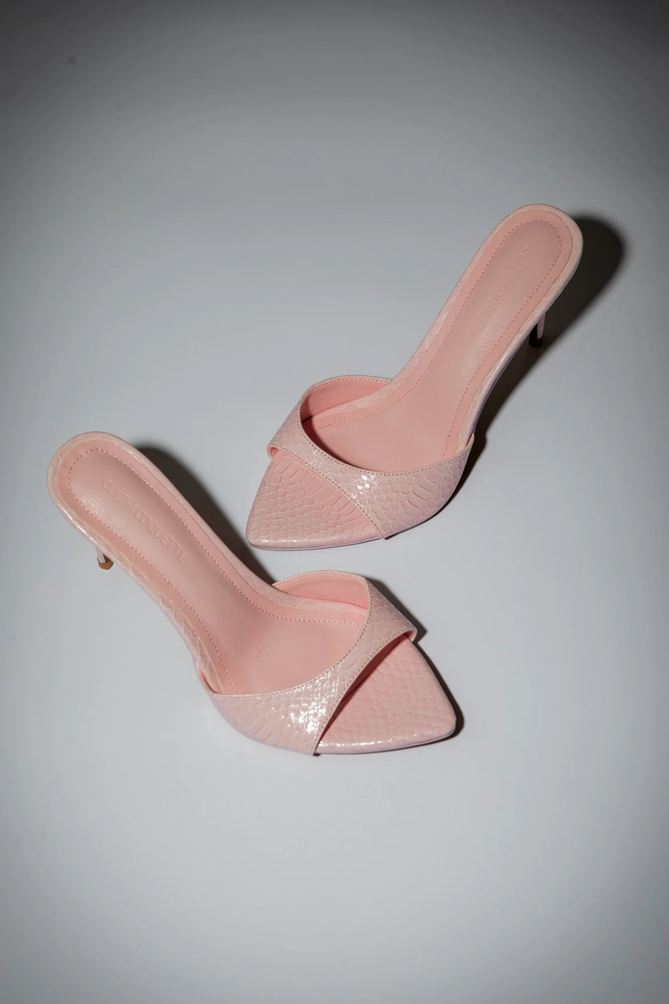Gia Powder Pink Reptile Vegan Mules 80 mm | CULT OF COQUETTE