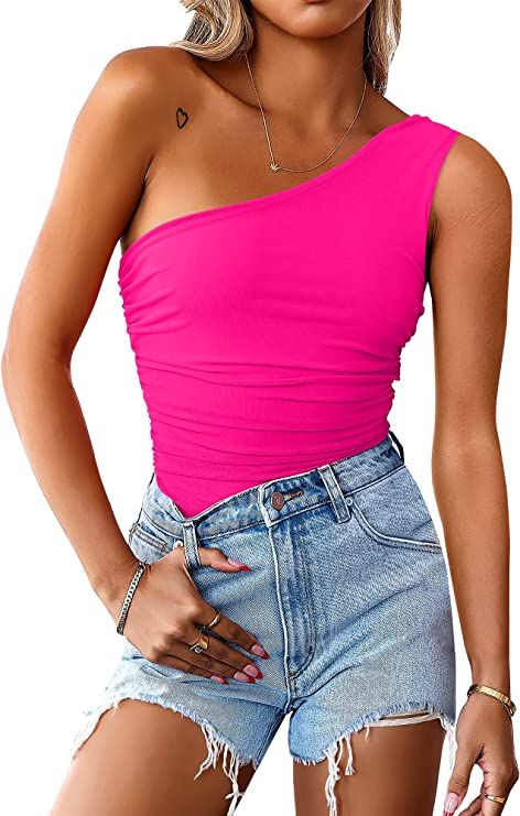 ANRABESS Women 2023 Summer Sleeveless Sexy One Shoulder Mesh Solid Tank Top Bodysuit Jumpsuits | Amazon (US)