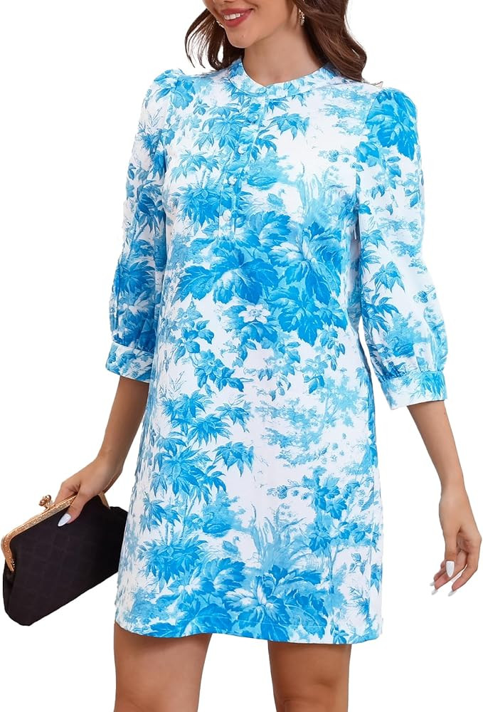 Ladyful Women's Floral Mini Dress Summer Elegant 3/4 Sleeve Shift Dresses Business Casual Sundres... | Amazon (US)