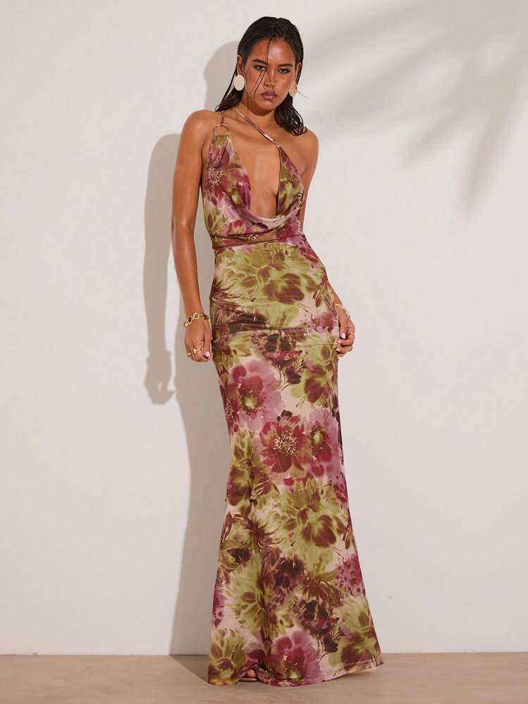 SHEIN BAE Women's Summer Vacation Retro Floral Print One Shoulder Mermaid Hem Dress | SHEIN