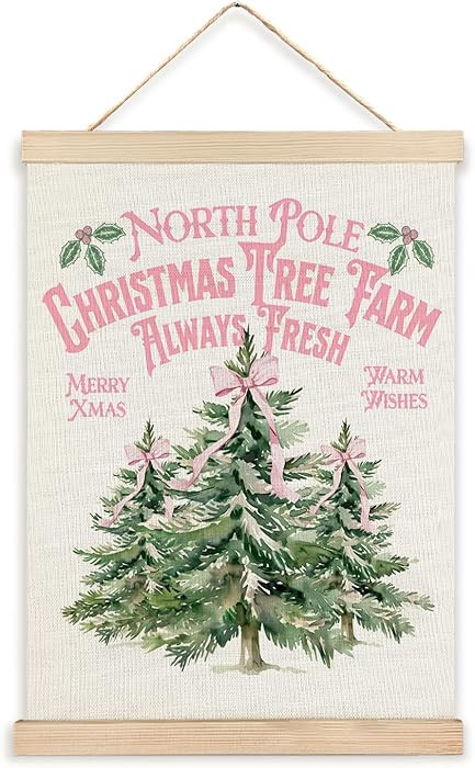 North Pole Village Christmas Wall Decor, Farmhouse Christmas Wall Decor, Pink Bows Christmas Tree... | Amazon (US)