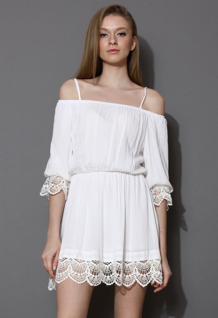 Cotton White Off-Shoulder Dress with Crochet Hem | Chicwish