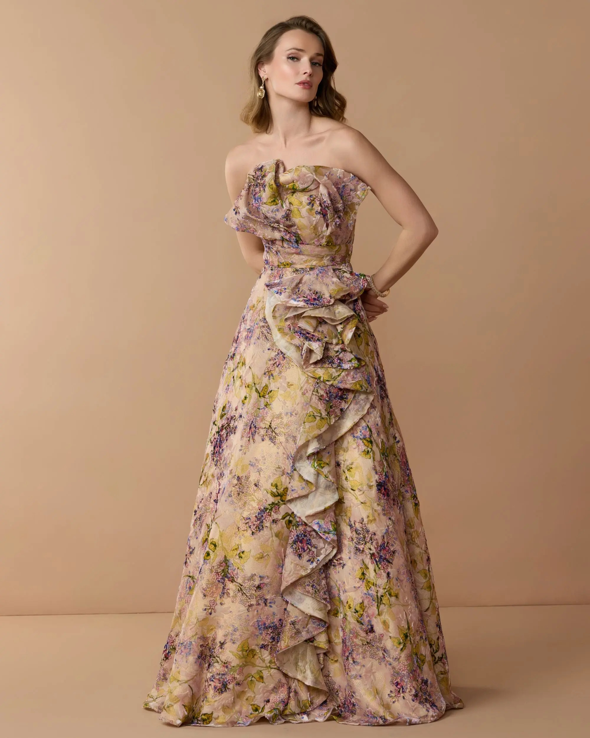 Mac Duggal Collection - Pink Strapless Floral Ball Gown With Ruffle Detail - Blush Multi / US 8 | Mac Duggal
