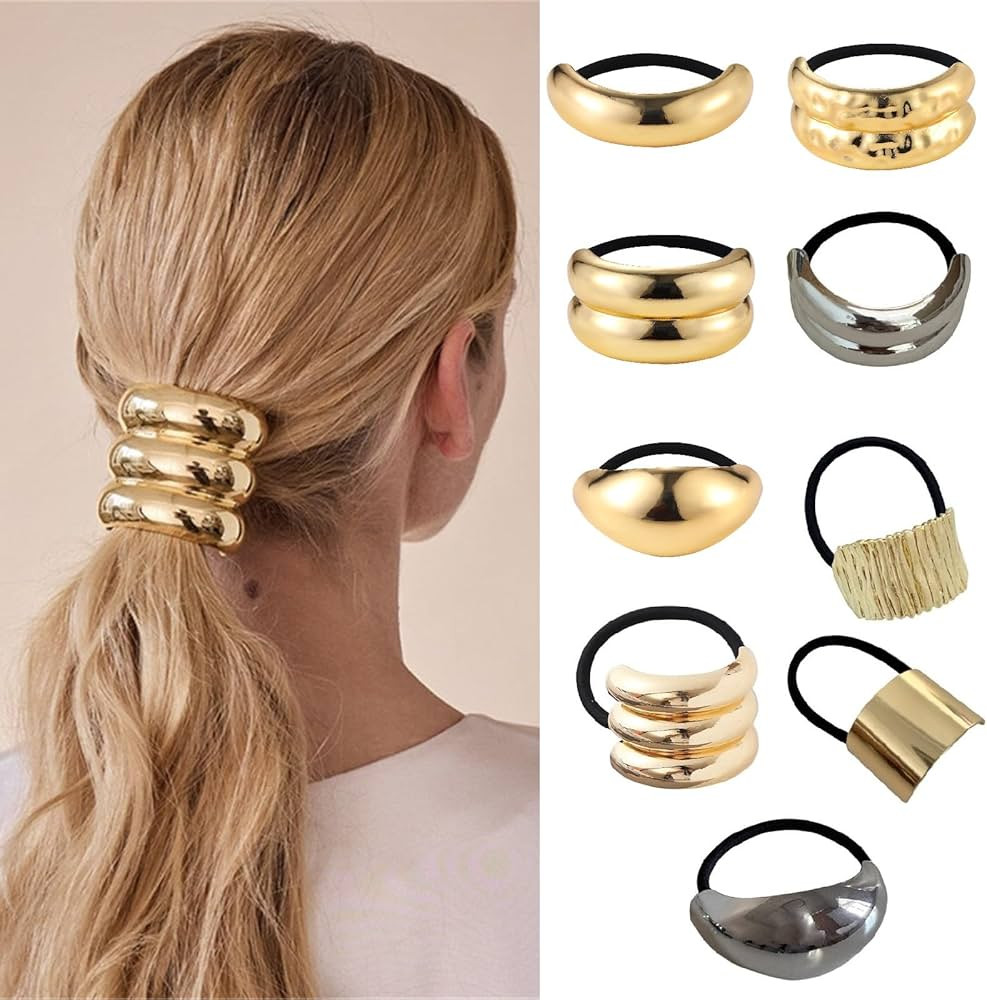 papasgix 9 PCS Metal Hair Ties, Metal Geometric Elastic Hair Ties, Gold Hair Cuff Wrap Hair Ties ... | Amazon (US)