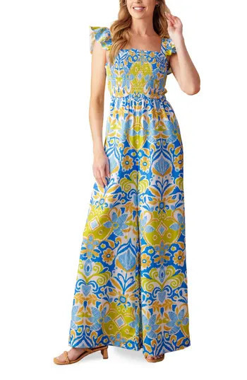 FLYING TOMATO Smocked Flutter Sleeve Jumpsuit in Ivory Blue at Nordstrom Rack, Size Large | Nordstrom Rack
