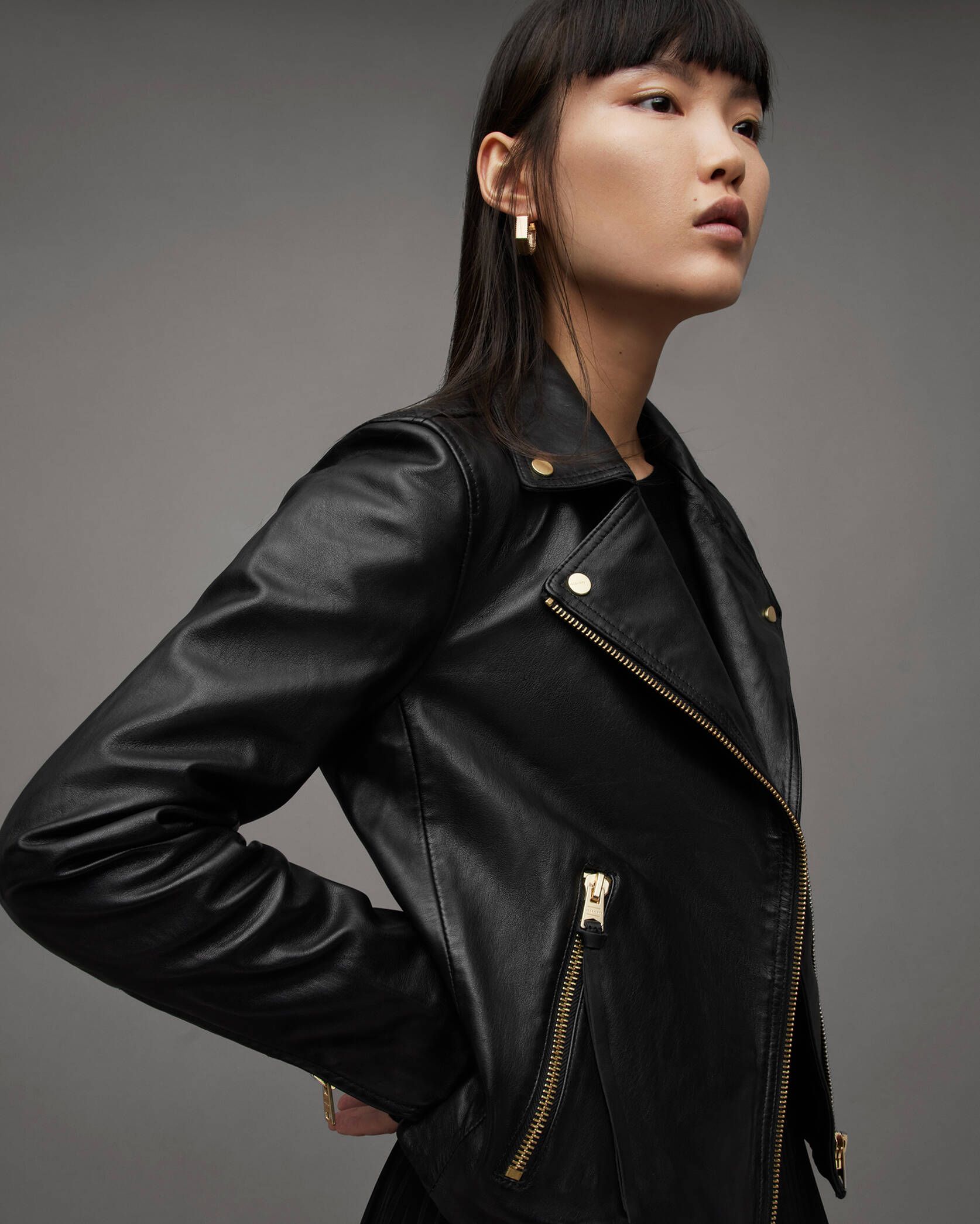 Dalby Slim Fit Leather Biker Jacket BLACK/GOLD | ALLSAINTS US | AllSaints US