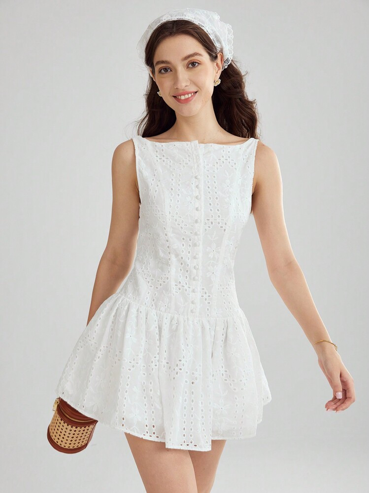 Enchnt SHEIN X Gi Lancellotti Spring And Summer Romantic Women's White Delicate Floral Eyelet Hollow Embroidery Sleeveless Cute Mini Dress, Sweet, Elegant And Fashionable, Suitable For Birthdays, Holiday Parties, Sweet Dates, Daily Commuting, Vacation, Graduation Season And Wedding Season, Women's Summer Clothing, Elegant Dress | SHEIN