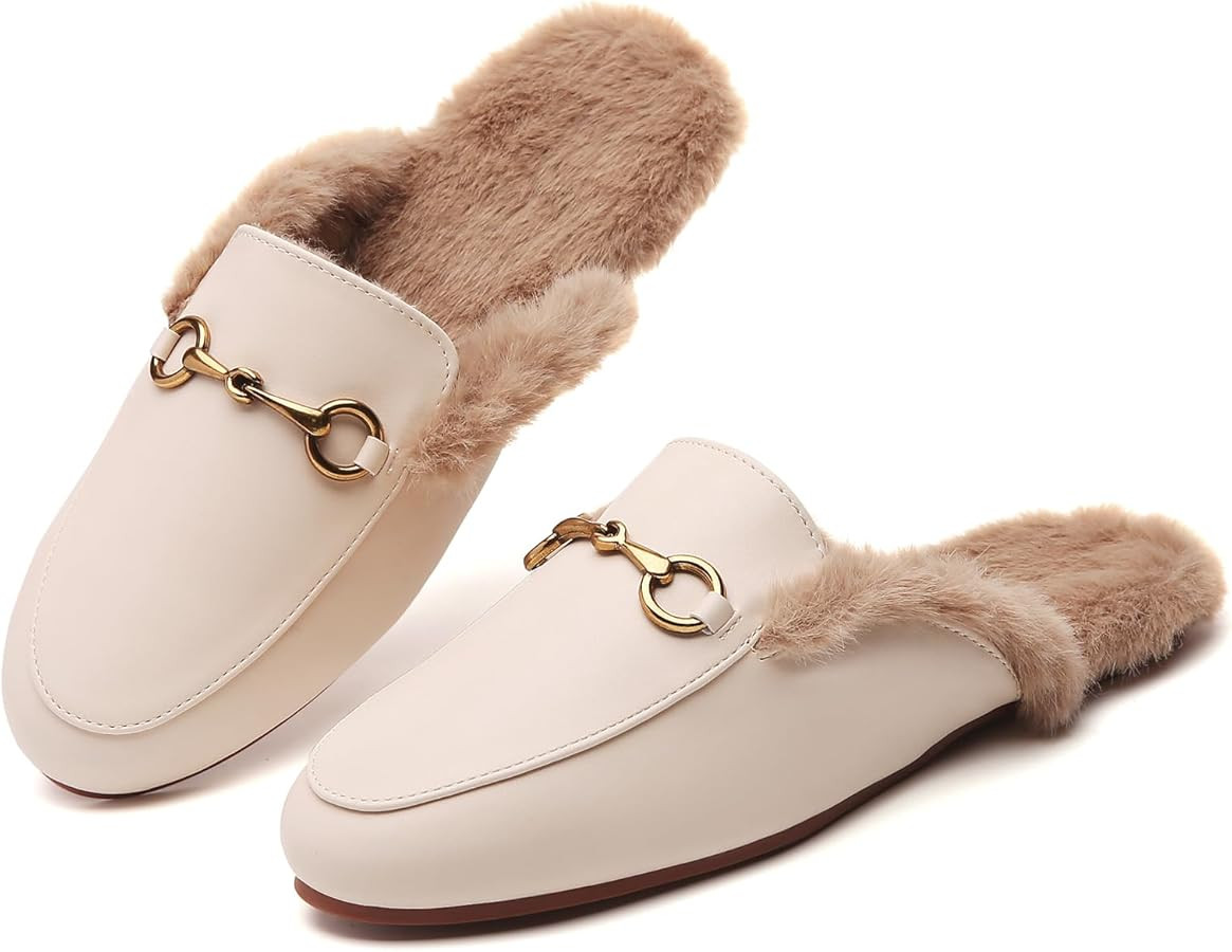 Minorsu Buckle Fur Mules for Women Slip on Loafers Closed Round Toe Backless Flat Mules Comfortab... | Amazon (US)