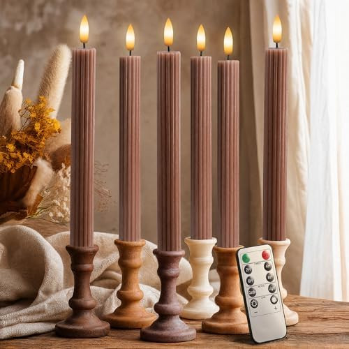 6 Pack, 10" LED Flameless Real Wax Brown Tan Fluted Ribbed Grooved Taper Candles, Remote & 24h Ti... | Amazon (US)
