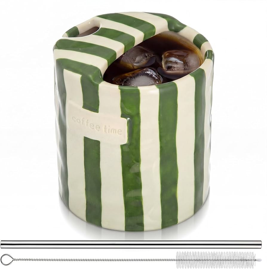1 Pack Ceramic Coffee Mug with Sip Hole Espresso Cup 10oz with Straws Retro Hand Painted Striped ... | Amazon (US)
